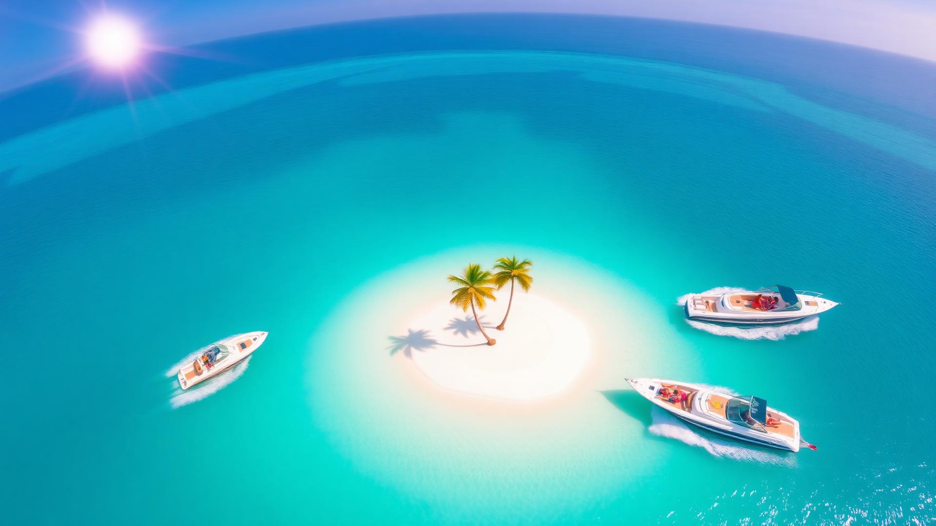 Aerial view of a sunlit Bahamas lagoon with bowrider boats cruising turquoise water around a palm-tree sandbar island