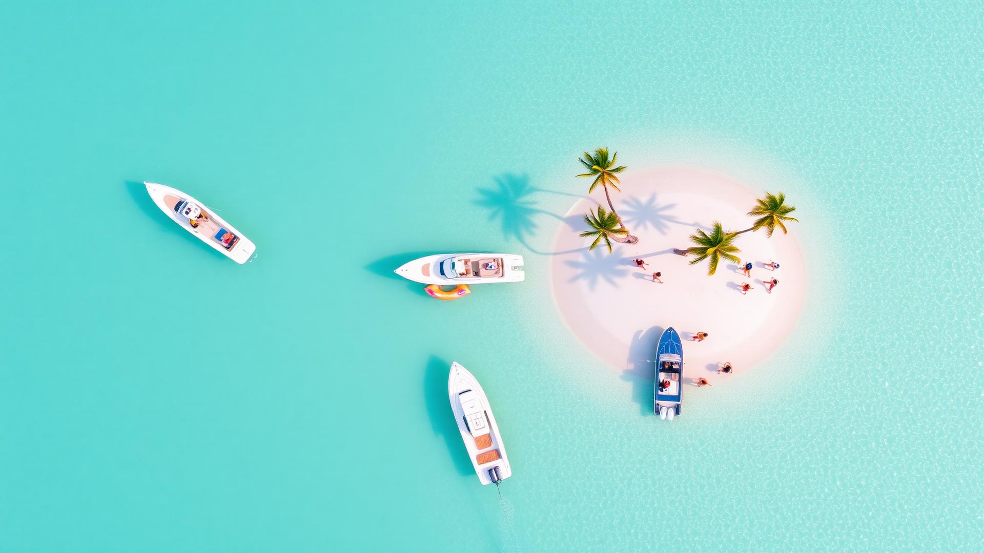 Bowrider Boat Amazing Photo by www.BOWRIDER-BOATS.com — Aerial overhead view of bowriders moored along a white sandbar. Images Created by www.Bowrider-Boats.com