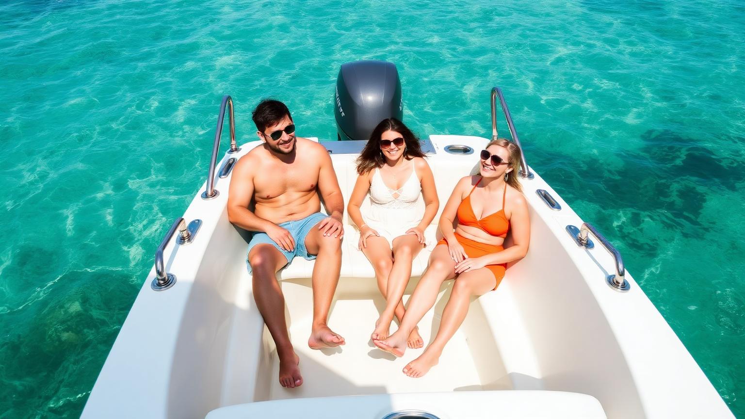 Family relaxing in the open bow of a boat in clear shallow water