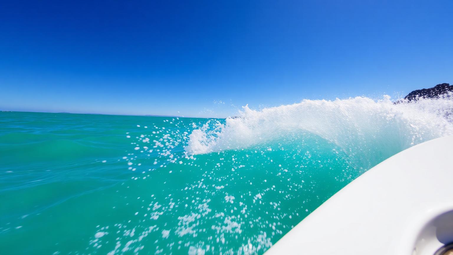 Bowrider bow slicing through turquoise water with spray in the sun