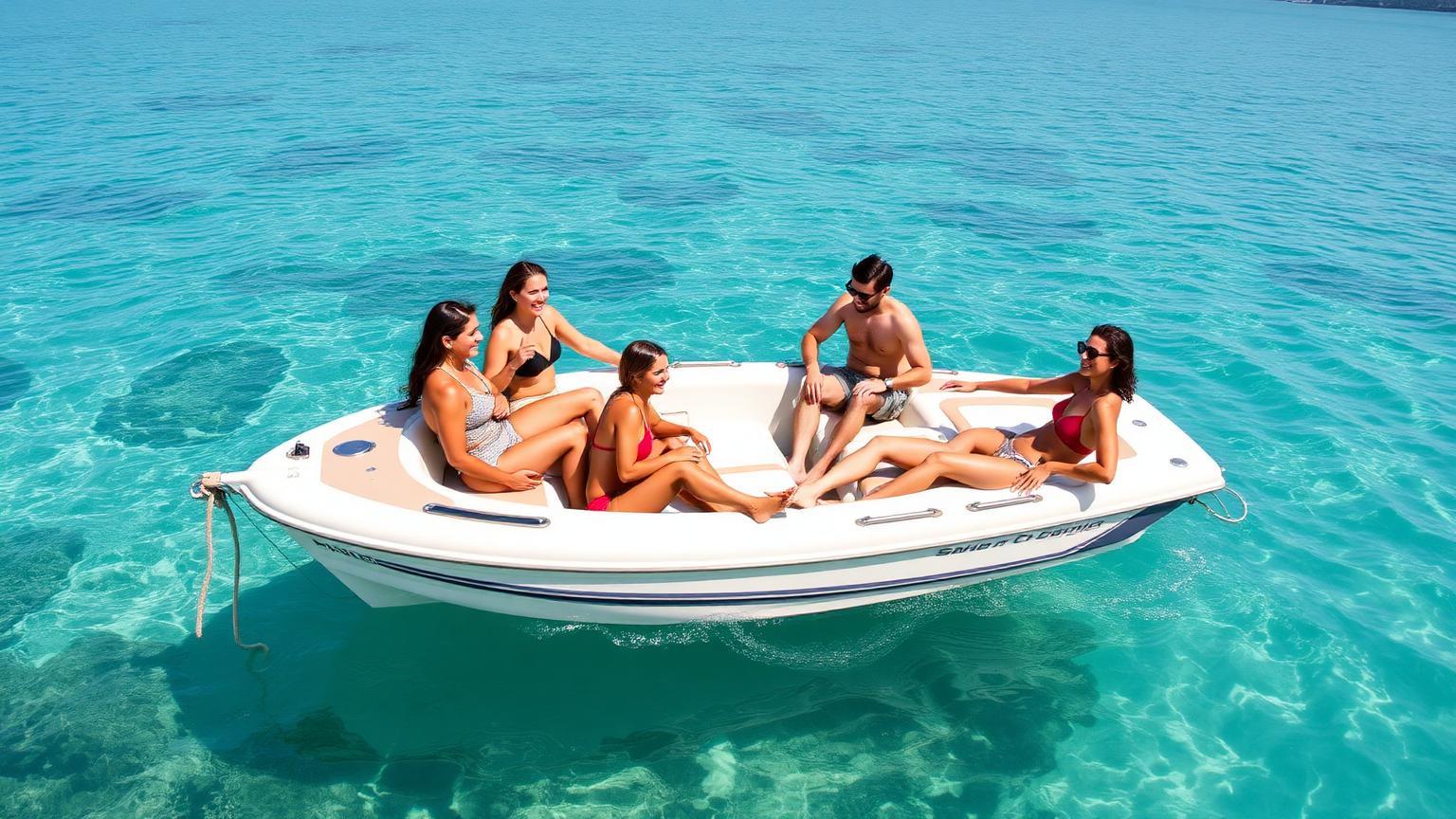 Friends socializing aboard a bowrider anchored in a turquoise lagoon
