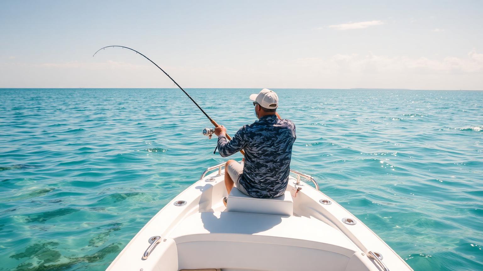 Angler fishing from the bow of a boat on glassy clear water