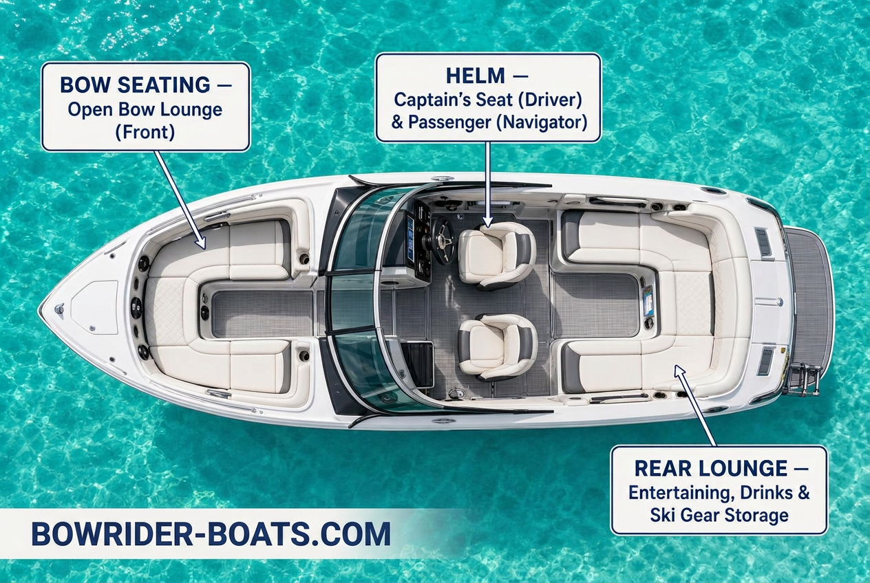 Labelled Bowrider Amazing Photo by www.BOWRIDER-BOATS.com — Labelled bowrider boat seating layout diagram — bow seating at the front, captain and passenger seats at the helm dash and driver's console, rear entertaining lounge with storage. Images Created by www.Bowrider-Boats.com