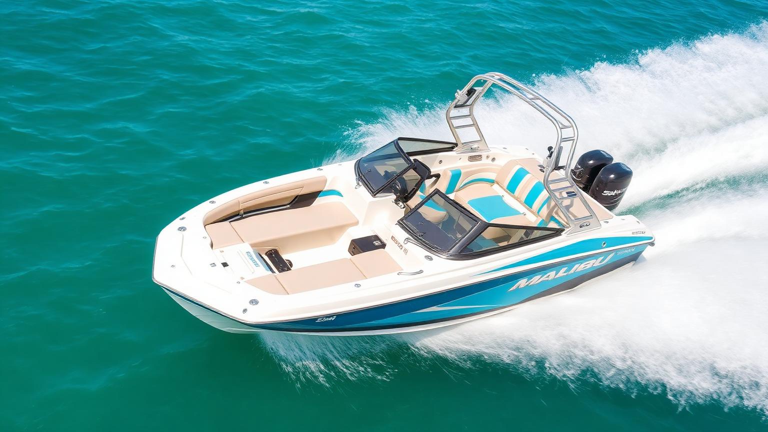 Malibu 23 LSV Bowrider Amazing Photo by www.BOWRIDER-BOATS.com — Malibu 23 LSV bowrider — metallic blue profile with wakeboard tower on turquoise water. Images Created by www.Bowrider-Boats.com