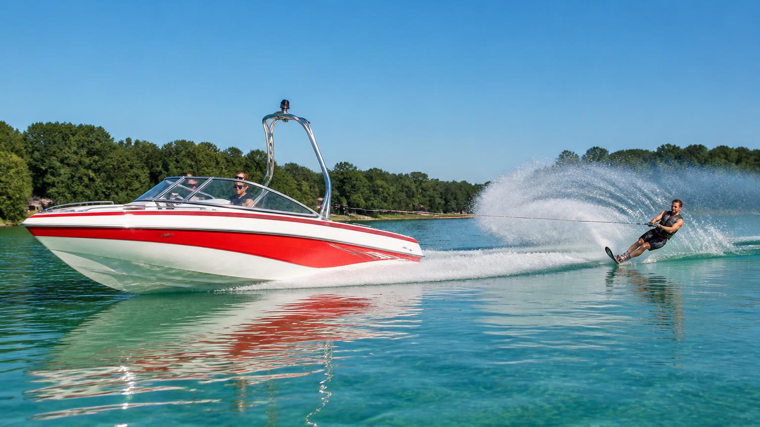 Bowrider Boat Amazing Photo by www.BOWRIDER-BOATS.com — Water skier carving a huge fan of spray behind a bowrider. Images Created by www.Bowrider-Boats.com